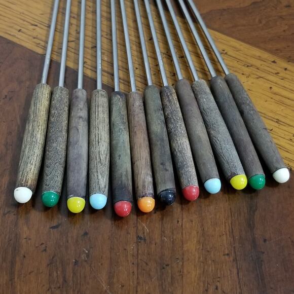 Twelve fondue forks vintage stainless steel wood handles - Picture 2 of 5